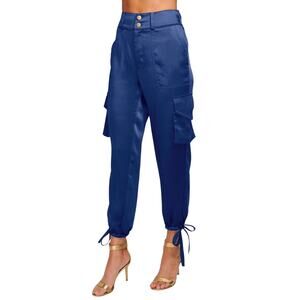 Ramy Brook Blue Norma Satin Cargo Pants High Rise Tie Ankle Jogger Women’s